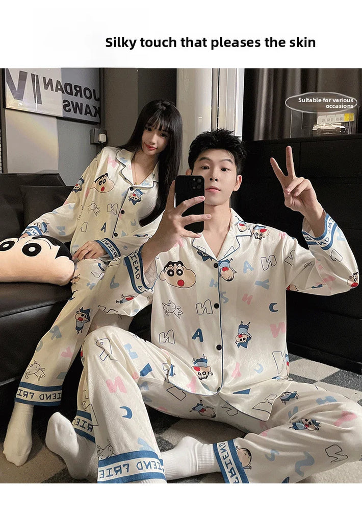 Couples Ice Silk Pajama Set | Cartoon Long-Sleeve Cardigan
