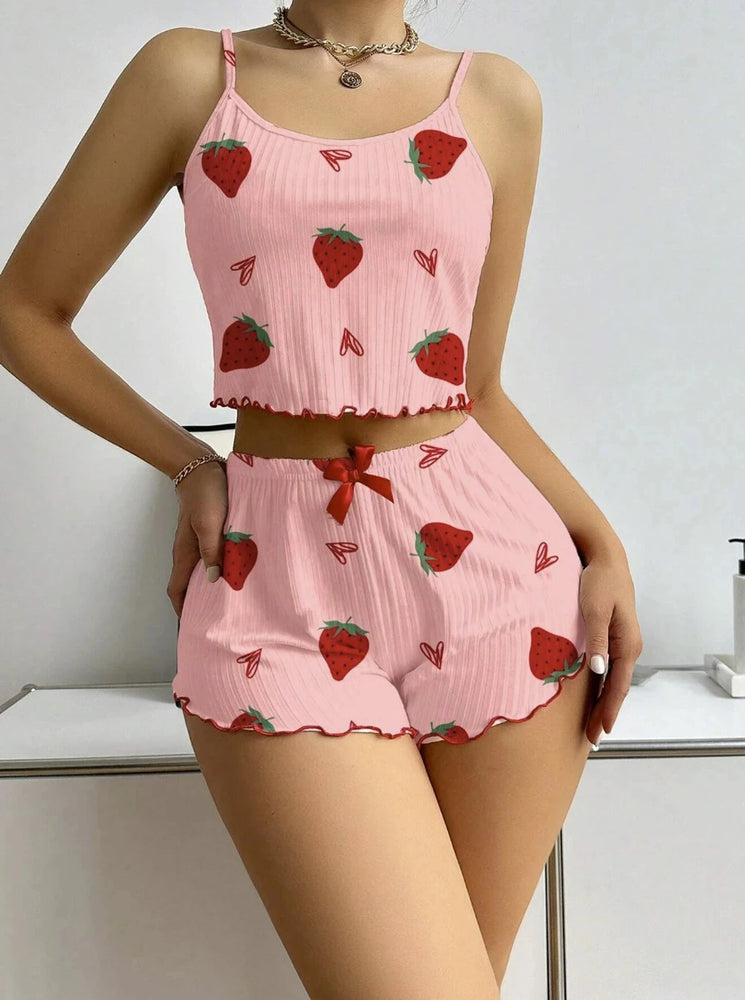 Strawberry Ribbed Knit Pajama Set | Ice Silk Summer Pajamas