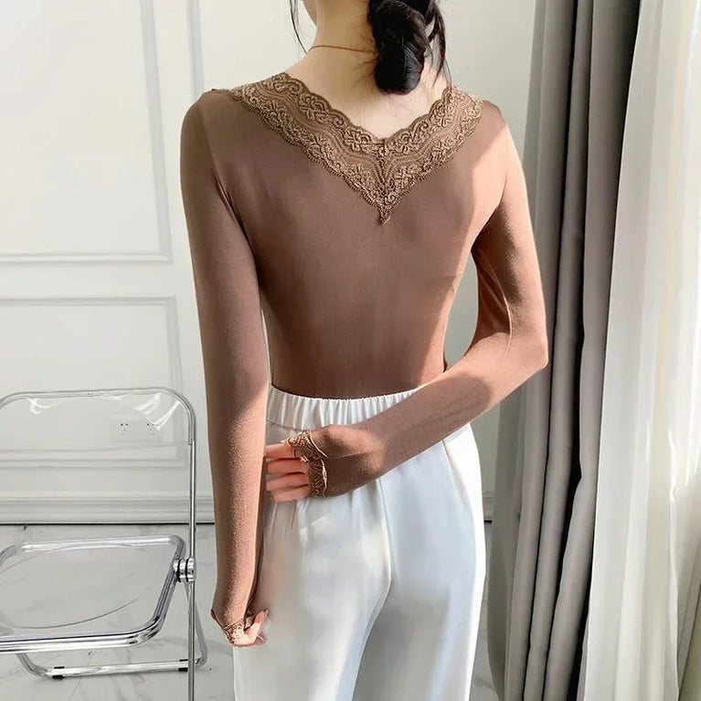 Autumn Long Sleeve Shirt V Neck Thin Blouse Women Top