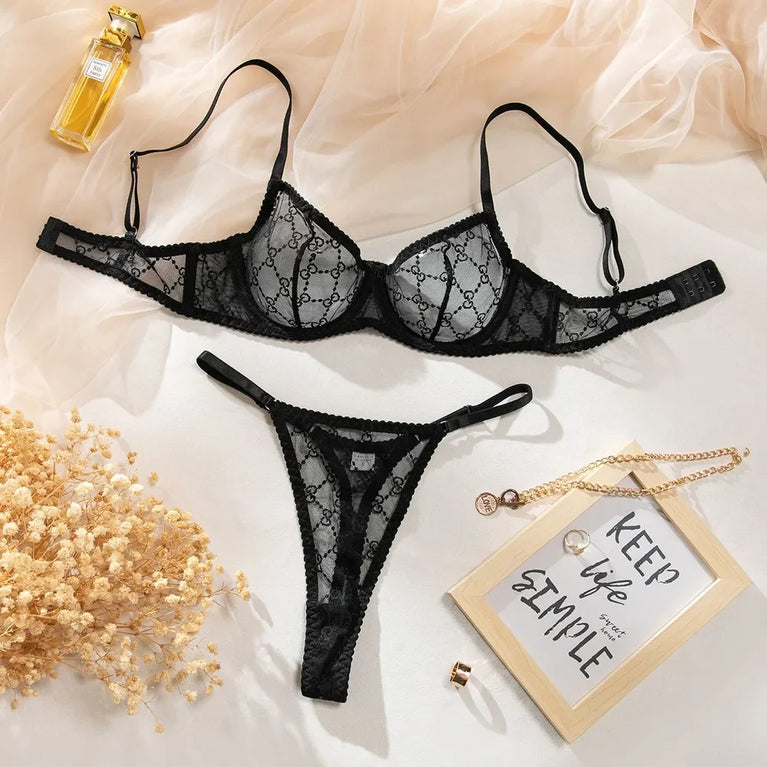 BLACK THIN STRAPS PUSH UP PADDED BRA SET WOMEN UNDERWEAR SEXY LINGERIE SET