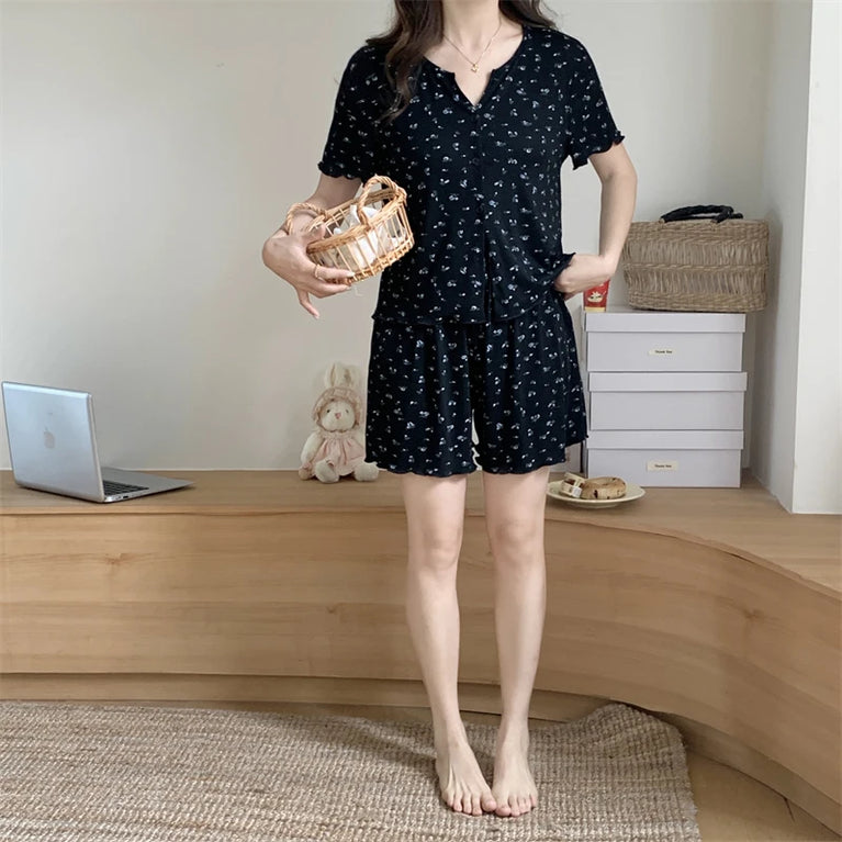 Women’s Floral Summer Pajama Set | Korean Style Home Clothes