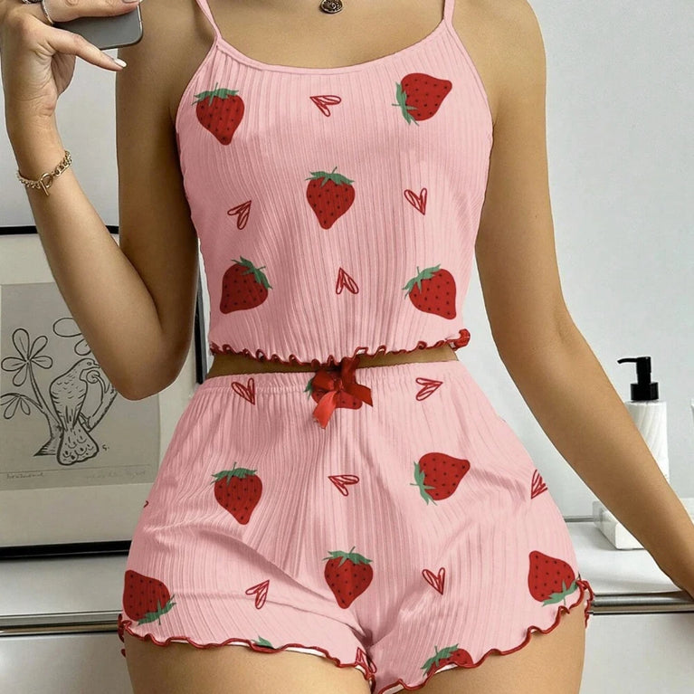 Strawberry Ribbed Knit Pajama Set | Ice Silk Summer Pajamas