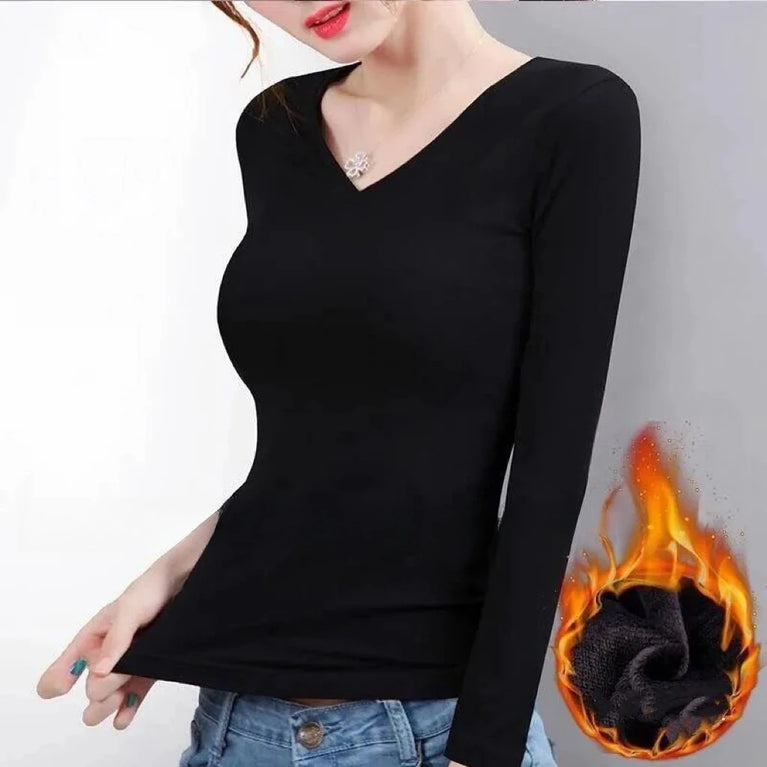 Womens Thermal Velvet T-Shirt | Warm Elastic Winter Base Layer