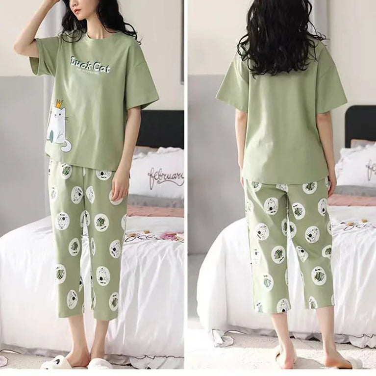 Women’s Milk Silk Pajama Set | Cute Cartoon Calf-Length Pants