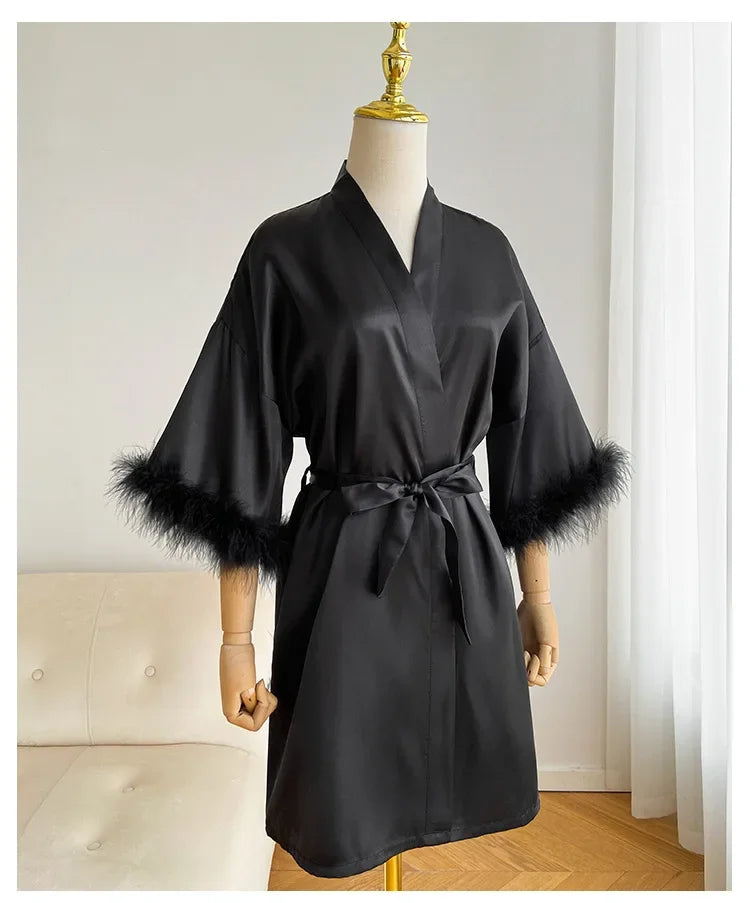 Bridal Satin Robe | Feather-Trim Wedding Kimono