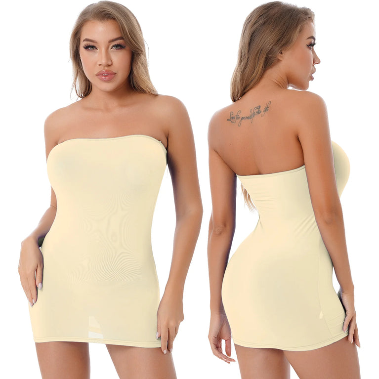 Womens Satin Slip Dress Strapless Zipper Bodycon Mini Club Nightwear Dress