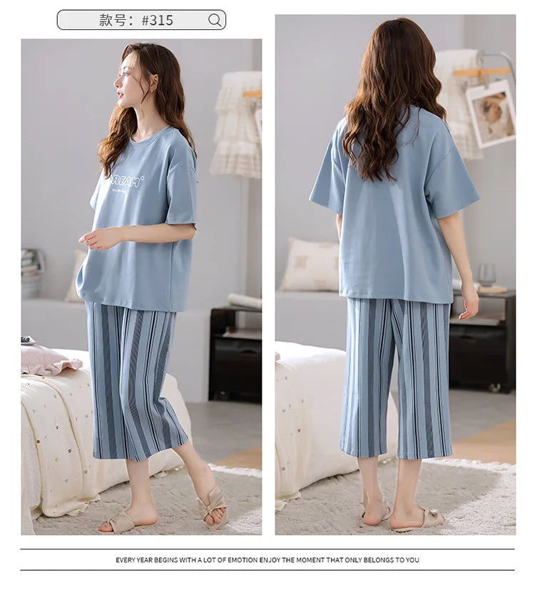 Women’s Summer Pajama Set | Short-Sleeve & Calf-Length Pants
