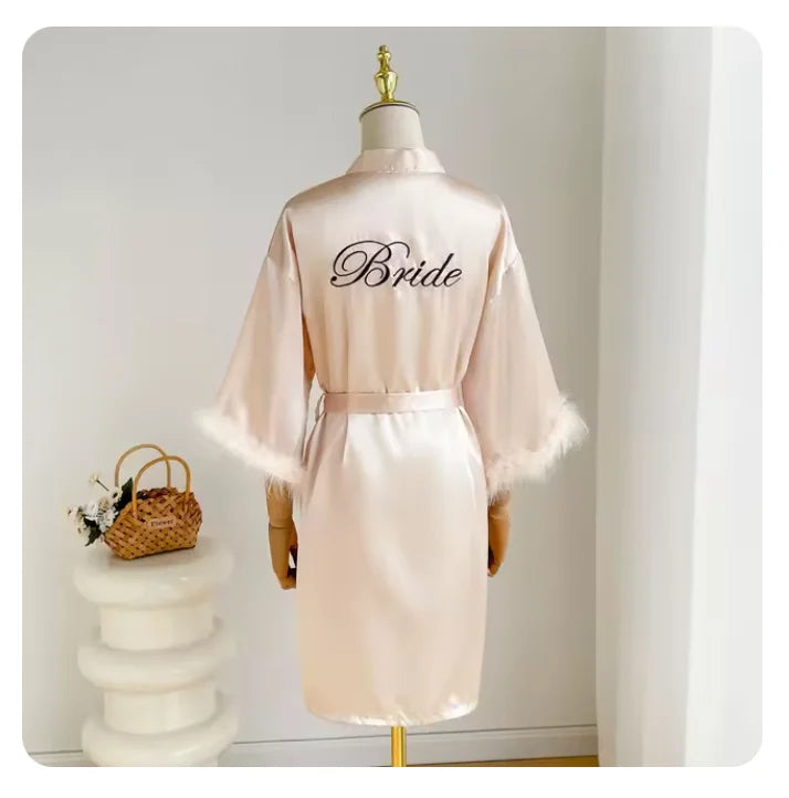 Bridal Satin Robe | Feather-Trim Wedding Kimono