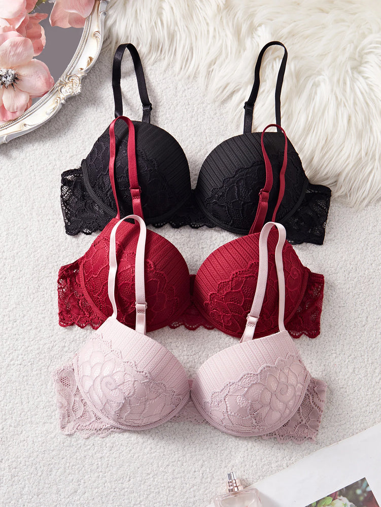 Floral Lace Push-Up & Minimizer Bra – Elegant 3/4 Cup Support
