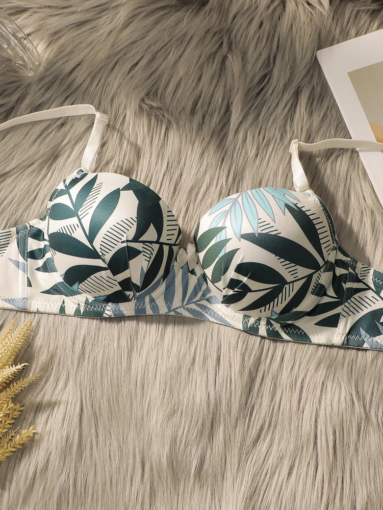 Summer Leaf Print Push-Up Bra Set | Gathering Steel Ring Duo