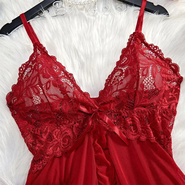 V-Neck Lace and Linen Mini Nightgown - Sexy Sleepwear for Women