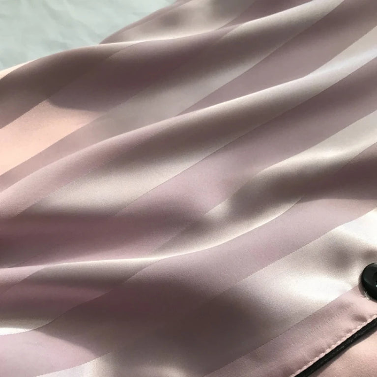 Women’s Satin Striped Pajama Set | Button-Up Short Sleeve