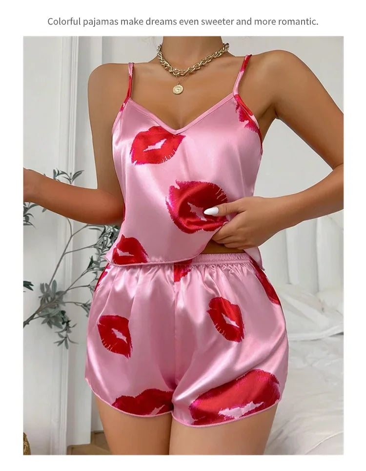 Women’s Satin Heart Pajama Set | V-Neck Cami & Silky Shorts