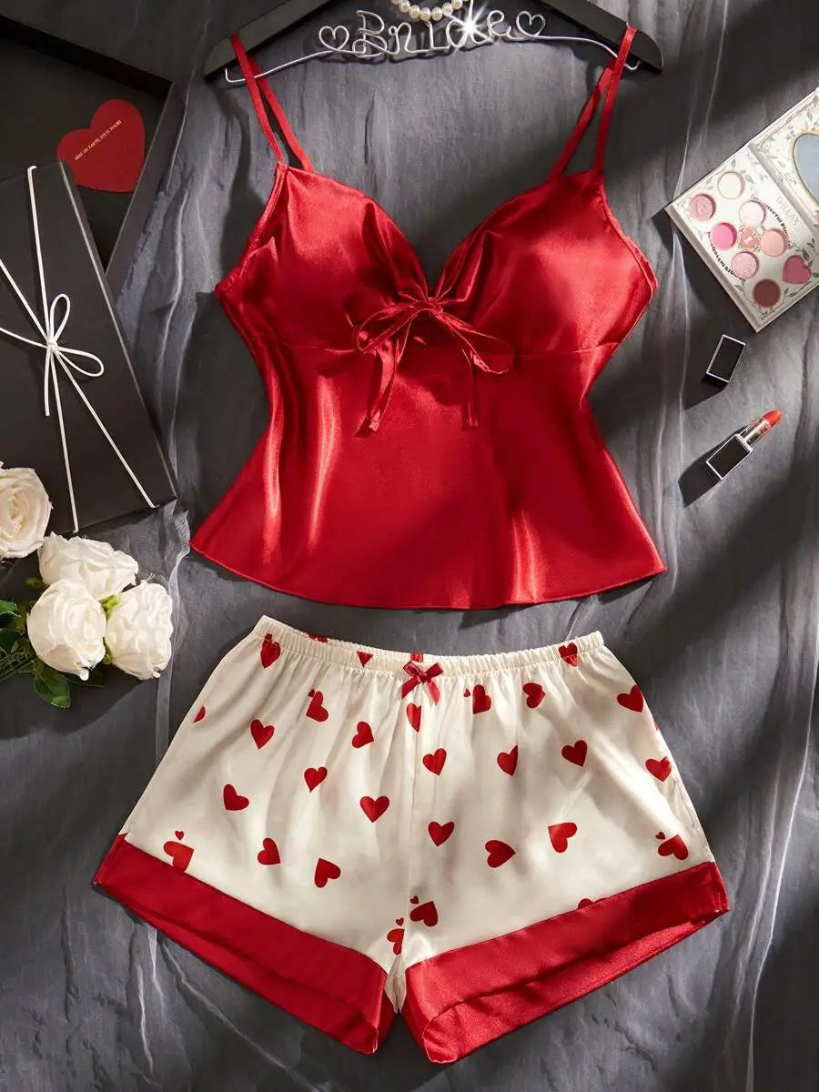 Red Satin Heart Pajama Set | Silky Tie-Knot Cami & Shorts