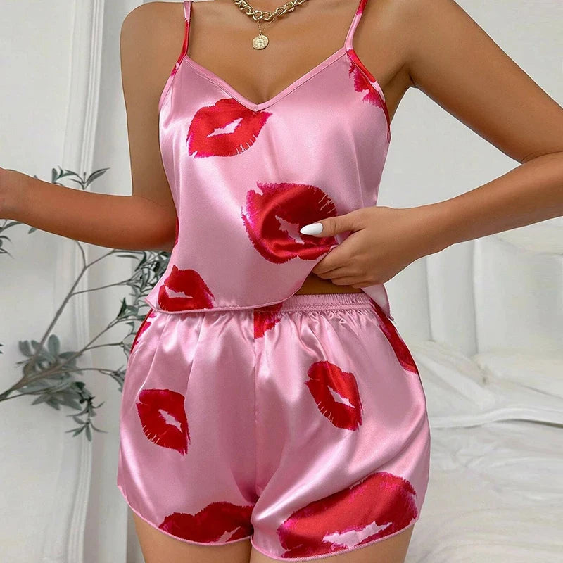 Women’s Satin Heart Pajama Set | V-Neck Cami & Silky Shorts