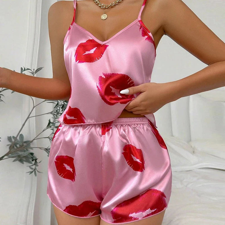 Women’s Satin Heart Pajama Set | V-Neck Cami & Silky Shorts