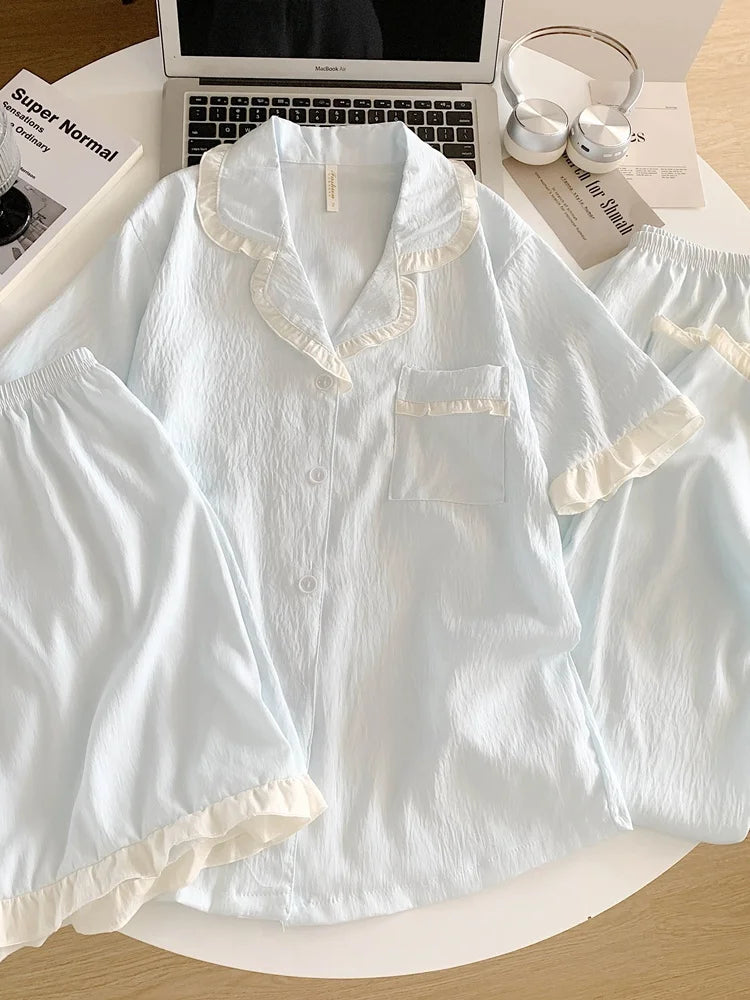 Women’s 3pc Cloud Cotton Loungewear Set | Blue Summer PJs