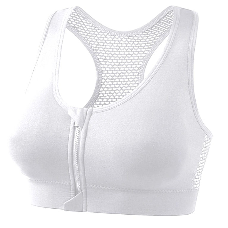 Front-Zipper Breathable Mesh Sports Bra – Wireless High-Ventilation Support