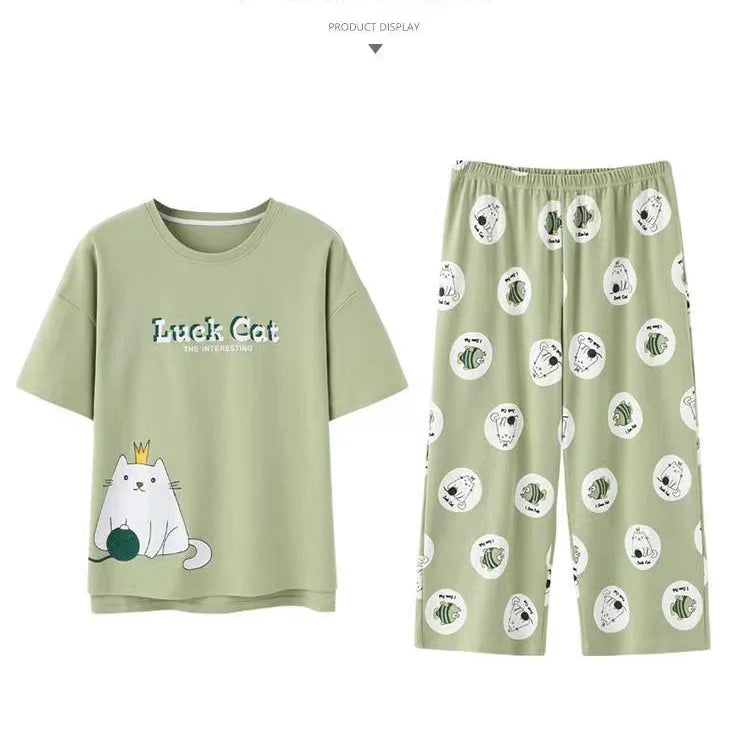 Women’s Milk Silk Pajama Set | Cute Cartoon Calf-Length Pants