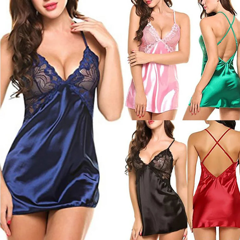 Sexy V-Neck Lace Nightdress | Backless Satin Cross-Strap Slip