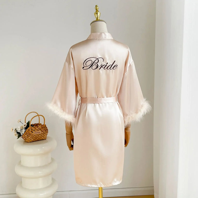 Bridal Satin Robe | Feather-Trim Wedding Kimono