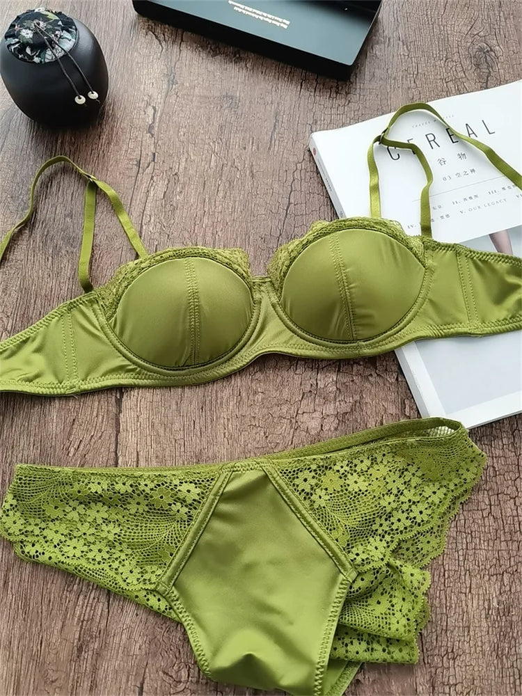 French Lace Embroidery Bra Set | Romantic Summer Green Duo