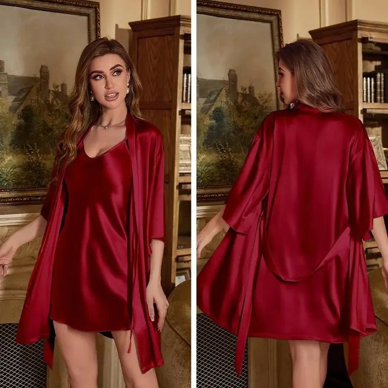 Lace Trim Satin Robe Set | V-Neck Nightgown & Sleep Suit