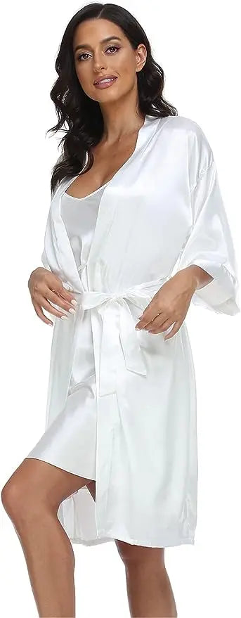 2pc Silk Pajama Set | Satin Robe & Chemise Nightgown