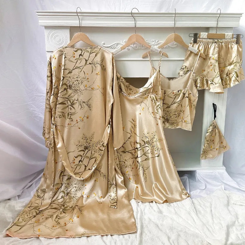 5-Piece Floral Satin Pajama Set | Luxury Silk-Feel Sleepwear