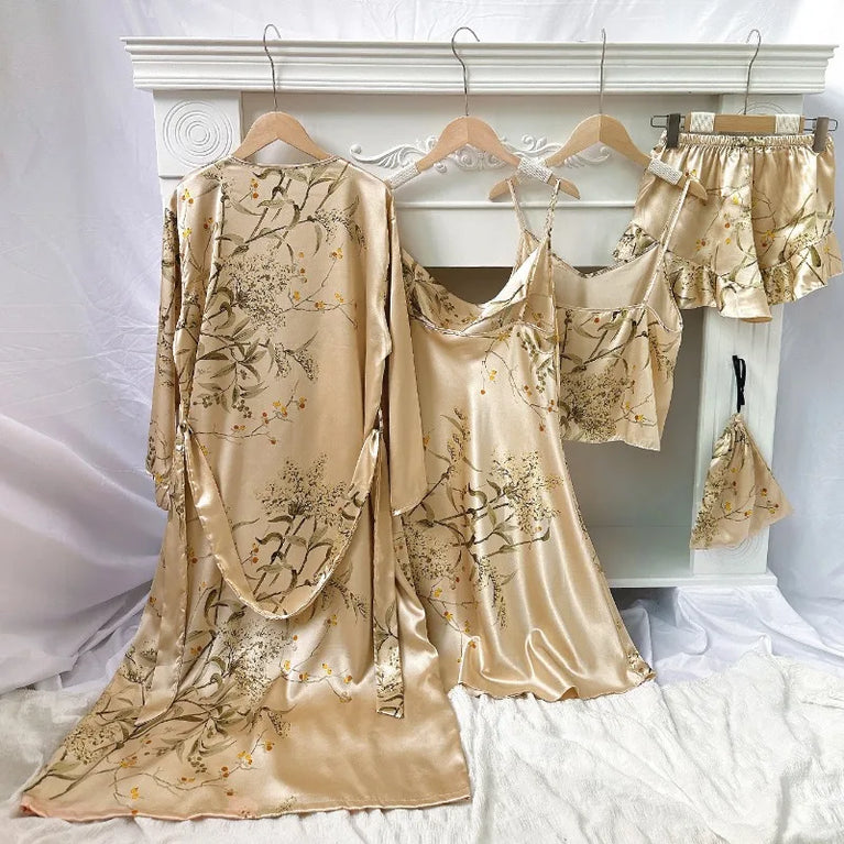 5-Piece Floral Satin Pajama Set | Luxury Silk-Feel Sleepwear