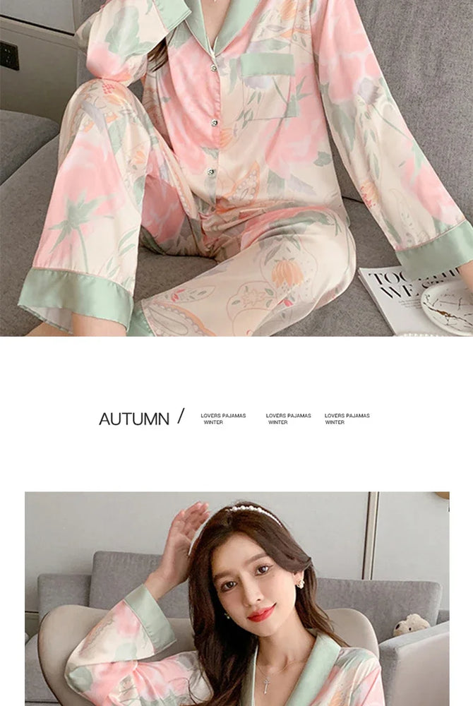 Women’s Floral Faux Silk Pajamas | 2-Piece Lapel Lounge Set