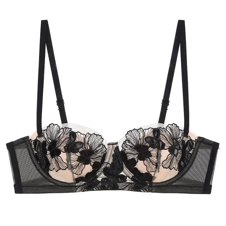 EMBROIDERY PUSH UP UNDERWIRE SEXY LINGERIE BRA SET FLORAL CUP