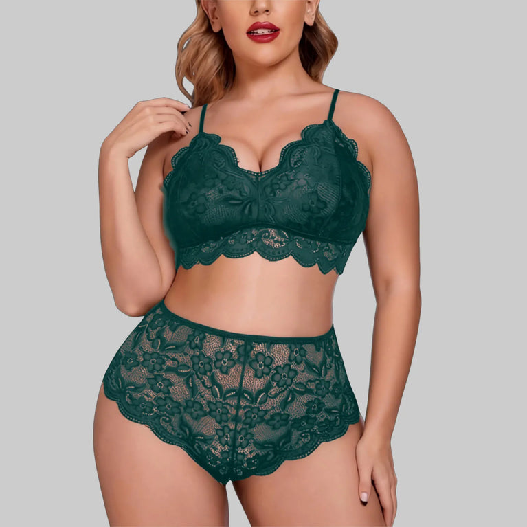 SEAMLESS LACE DEEP V NECK PUSH UP BRA SET HIGH WAIST THONG PLUS SIZE LINGERIE