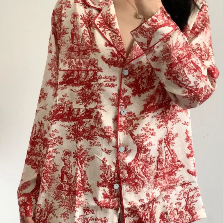 Elegant Floral Satin Pajama Set | Long Sleeve Summer Sleepwear