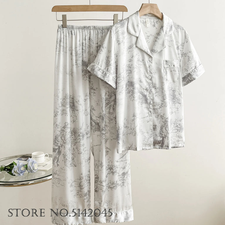 Elegant Floral Satin Pajama Set | Long Sleeve Summer Sleepwear