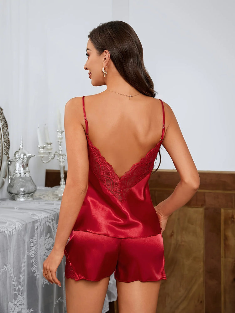 Women’s Luxury Satin Pajama Set | Sexy Deep V Lace Cami