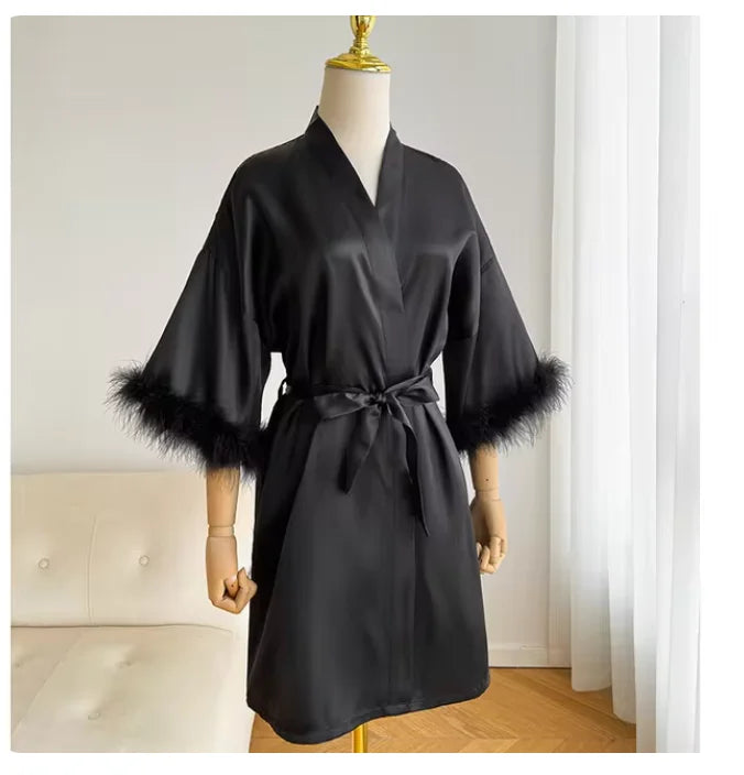 Bridal Satin Robe | Feather-Trim Wedding Kimono