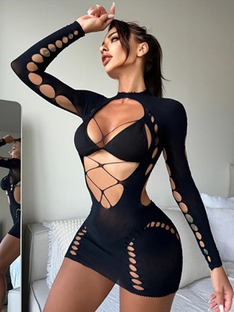 Womens Satin Slip Dress Fishnet Mini Nightwear Bodycon Dress