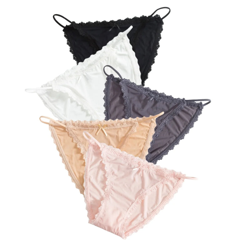 5pc Ice Silk Panties | Lace Trim Brazilian Briefs