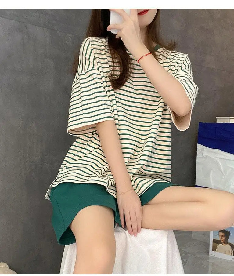 Women’s Striped Pajama Set | Built-in Chest Pads & Shorts
