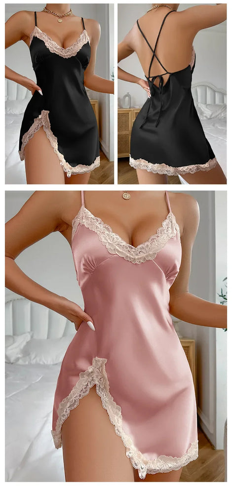 Leopard Print Mini Nightdress – Sexy V-Neck Backless Side-Split Slip Sleepwear for Women
