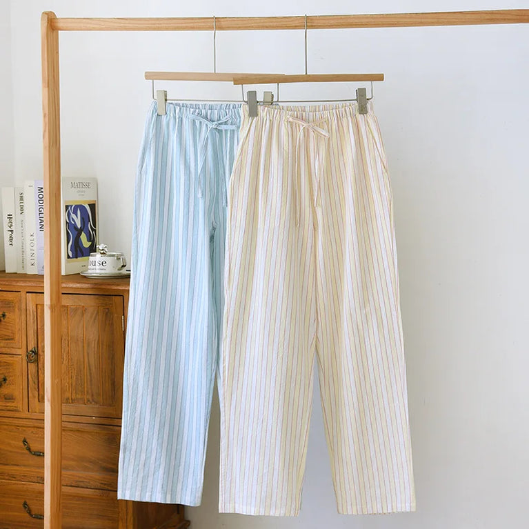 Cotton Gauze Pants | Striped Home Trousers
