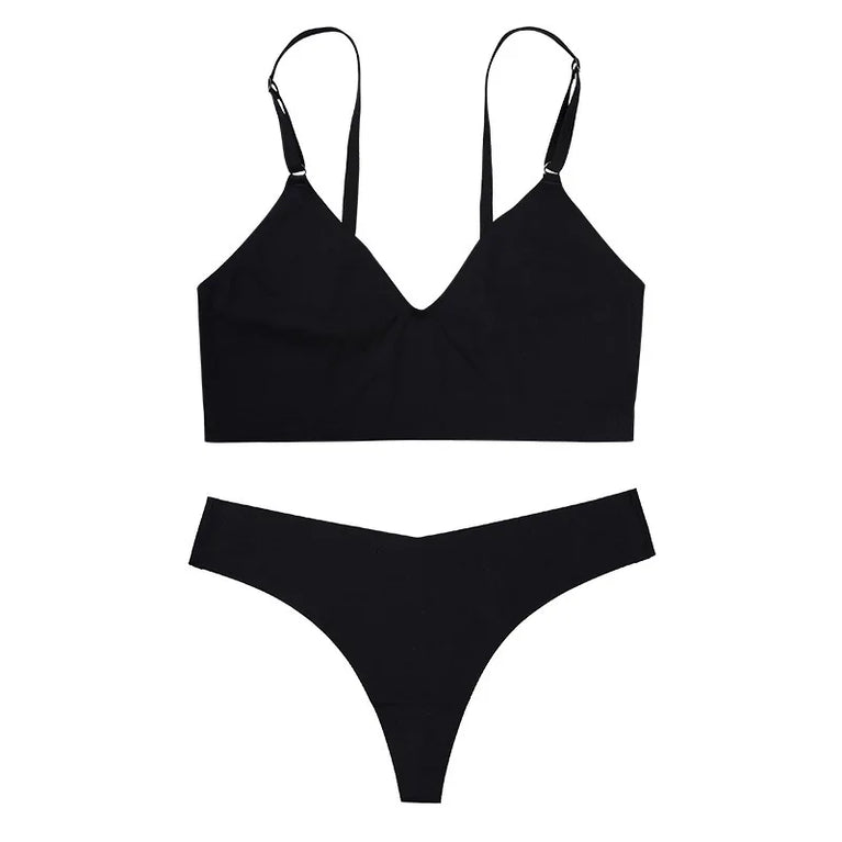 SEAMLESS PUSH UP BRA SET WOMEN SEXY UNDERWEAR V-NECK THONG LINGERIE