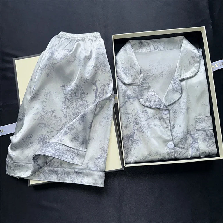 Women’s Geometric Satin Pajamas | V-Neck Ink Painting Set