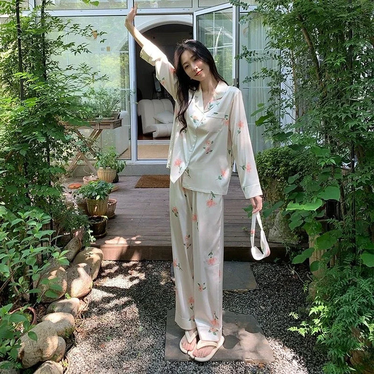 Women’s Floral Faux Silk Pajamas | 2-Piece Lapel Lounge Set