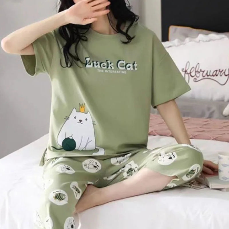 Women’s Milk Silk Pajama Set | Cute Cartoon Calf-Length Pants