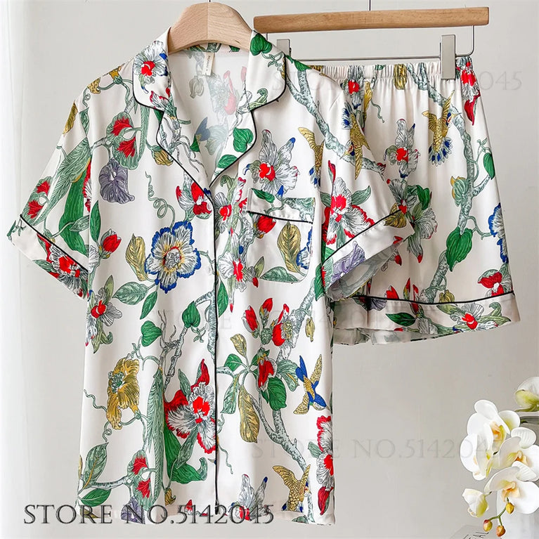 Elegant Floral Satin Pajama Set | Long Sleeve Summer Sleepwear