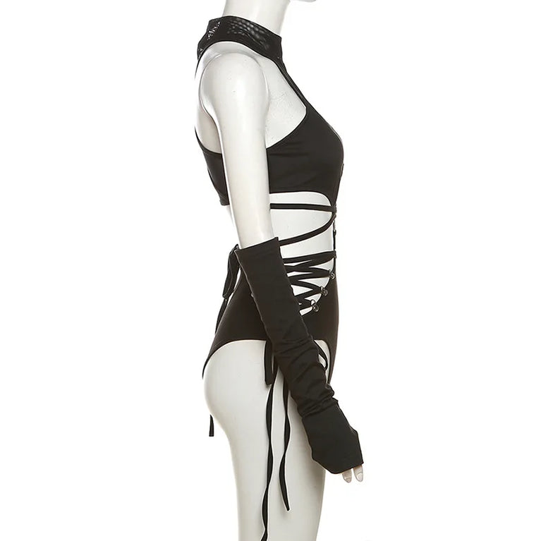 Gothic Techwear Bodysuit | Cyber Y2K Mesh Patchwork