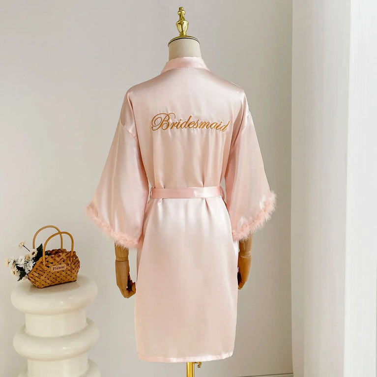Bridal Satin Robe | Feather-Trim Wedding Kimono