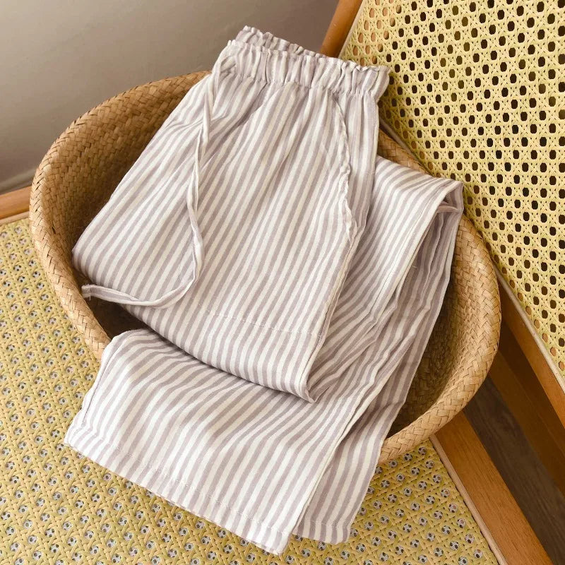 Cotton Gauze Pants | Striped Home Trousers